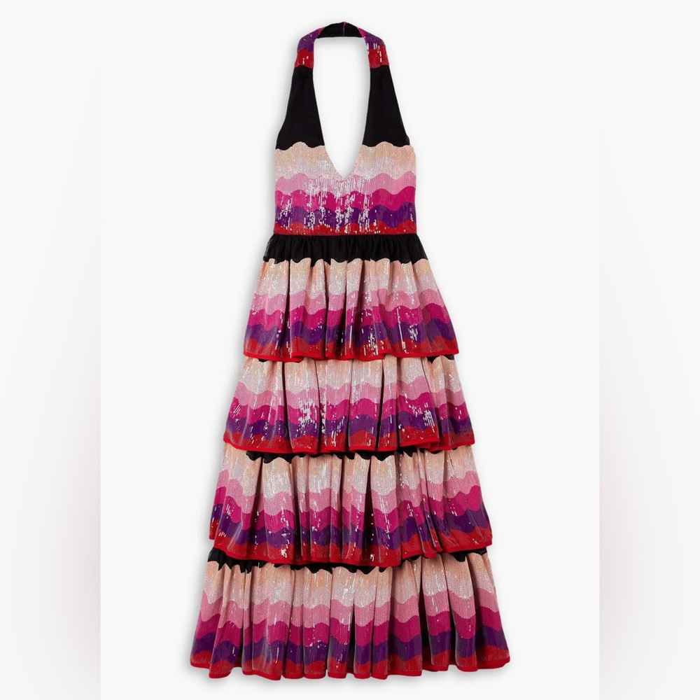 HALPERN Tiered Sequined Crepe Halterneck Midi Dress In Pink,red,black